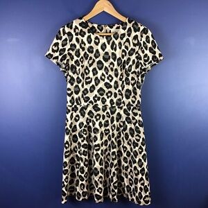 Eliza J Dress Women Size 8 Tan Black Leopard Print Fit & Flare Short Sleeve